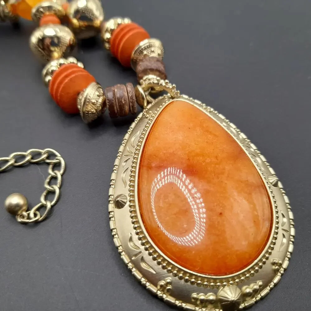 Chico's Beaded Gemstone Pendant Necklace, Leather Cord, 21 1/2